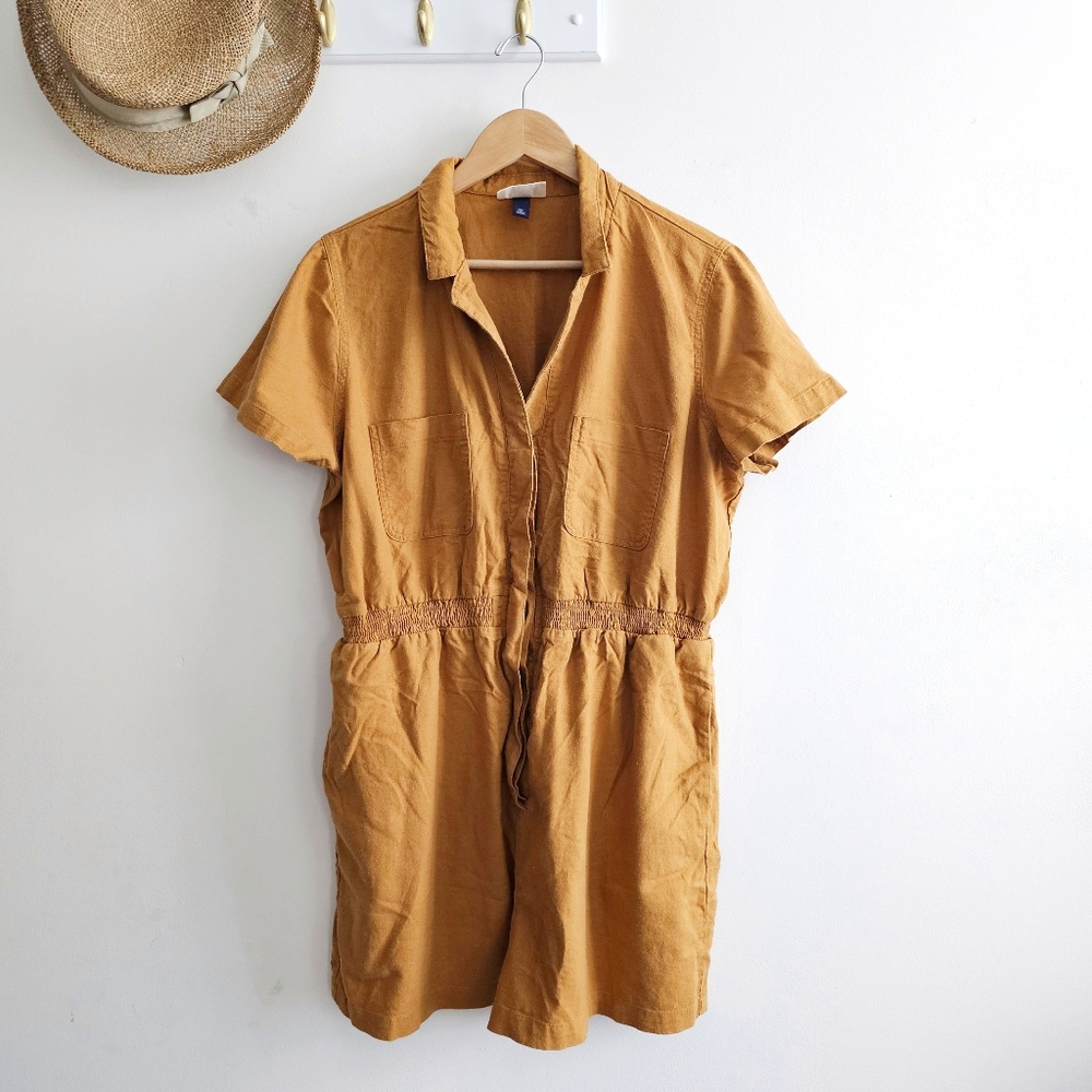 Mustard Linen Blend Short Sleeve Romper/ Jumper/ Boilersuit Buttoned Shorts XXL